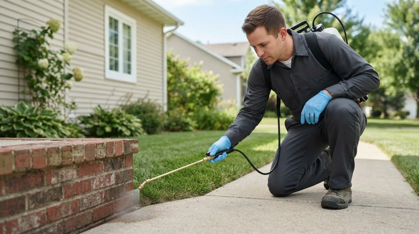 Pest control technician treating a home near Lyme, NH